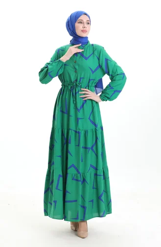 Beli Bağcıklı Düğmeli Desenli Elbise 2109-04 Zümrüt Yeşili Saks