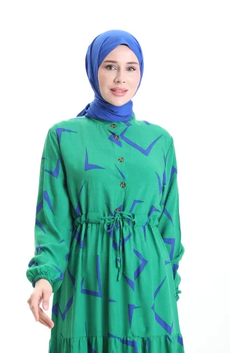 Beli Bağcıklı Düğmeli Desenli Elbise 2109-04 Zümrüt Yeşili Saks