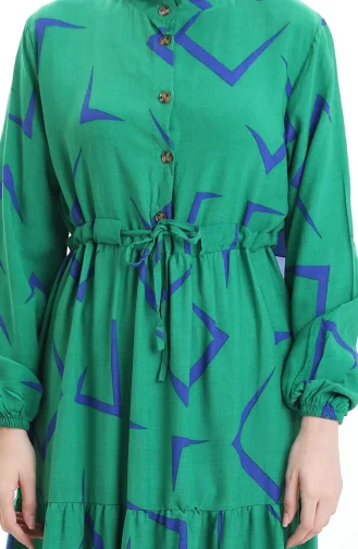 Beli Bağcıklı Düğmeli Desenli Elbise 2109-04 Zümrüt Yeşili Saks