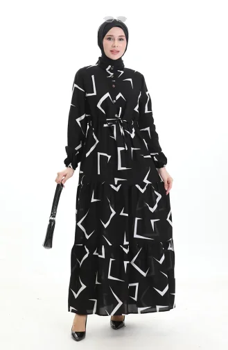 Geknoopte Jurk Met Gestrikte Taille 2109-05 Zwart En Wit 2109-05