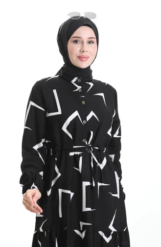 Geknoopte Jurk Met Gestrikte Taille 2109-05 Zwart En Wit 2109-05