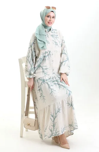 Robe à Motifs à Demi-bouton 2110-01 Vert Amande 2110-01