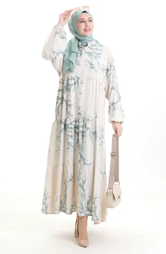 Robe à Motifs à Demi-bouton 2110-01 Vert Amande 2110-01