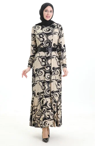 Gemustertes Viskosekleid 86020-01 Beige Schwarz 86020-01