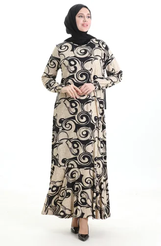 Gemustertes Viskosekleid 86020-01 Beige Schwarz 86020-01
