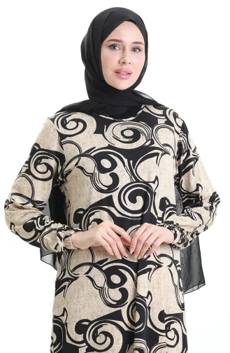 Gemustertes Viskosekleid 86020-01 Beige Schwarz 86020-01