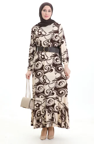 Desenli Viskon Elbise 86020-02 Bej Kahverengi