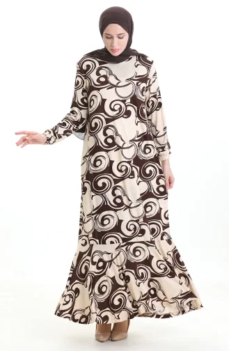 Desenli Viskon Elbise 86020-02 Bej Kahverengi