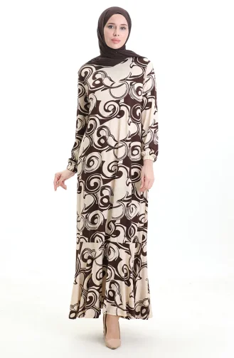 Desenli Viskon Elbise 86020-02 Bej Kahverengi