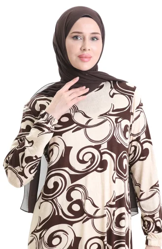 Desenli Viskon Elbise 86020-02 Bej Kahverengi