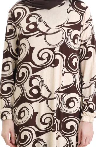 Desenli Viskon Elbise 86020-02 Bej Kahverengi