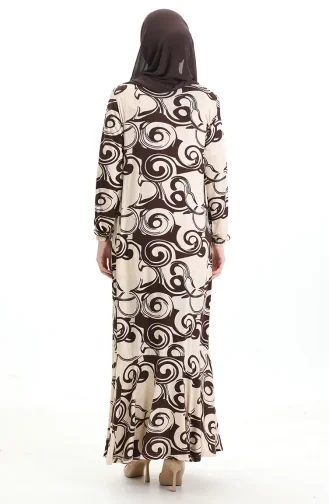 Desenli Viskon Elbise 86020-02 Bej Kahverengi