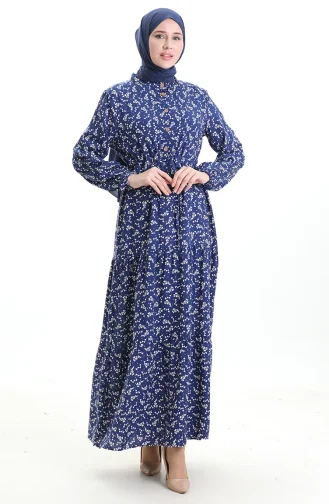 Robe à Motifs Floraux à Demi-bouton 0025-06 Bleu Foncé 0025-06
