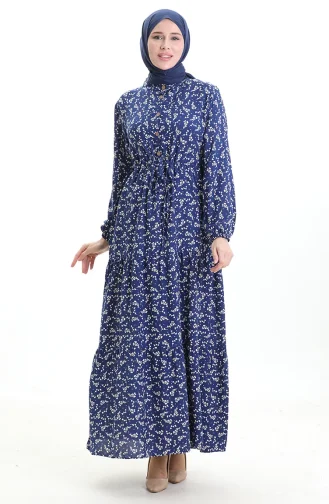 Robe à Motifs Floraux à Demi-bouton 0025-06 Bleu Foncé 0025-06