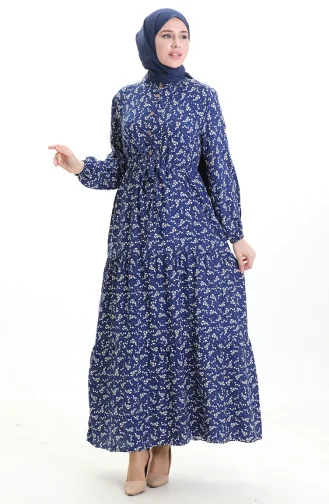 Robe à Motifs Floraux à Demi-bouton 0025-06 Bleu Foncé 0025-06