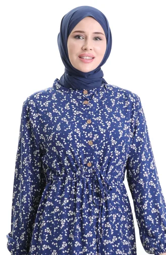 Robe à Motifs Floraux à Demi-bouton 0025-06 Bleu Foncé 0025-06