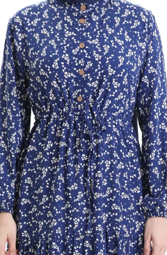 Robe à Motifs Floraux à Demi-bouton 0025-06 Bleu Foncé 0025-06