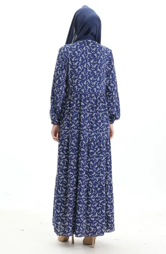 Robe à Motifs Floraux à Demi-bouton 0025-06 Bleu Foncé 0025-06