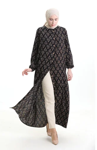 Buttoned Patterned Dress 0124-04 Black Beige 0124-04