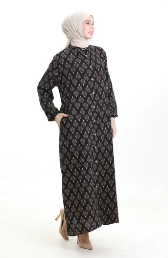 Buttoned Patterned Dress 0124-04 Black Beige 0124-04