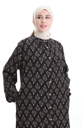 Buttoned Patterned Dress 0124-04 Black Beige 0124-04