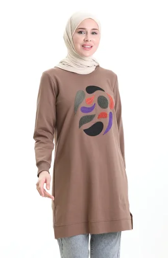 Ribanalı Yırtmaçlı Araboy Tunik 9117-01 Kahverengi