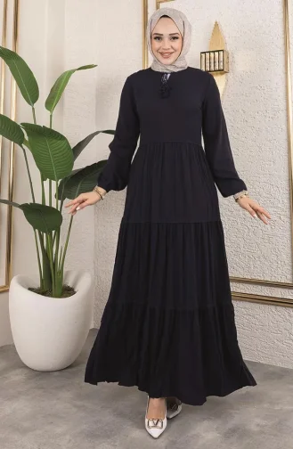 فستان مزين بالشراشيب 0229-04 أزرق داكن 0229-04