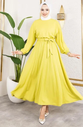 Beli Büzgülü Elbise 2051-04 Asit Yeşili