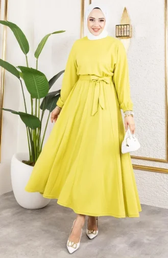 Beli Büzgülü Elbise 2051-04 Asit Yeşili