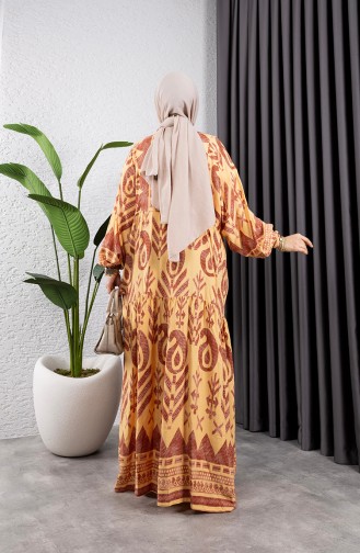 Etnik Desen Viskon Elbise 7105-03 Sarı