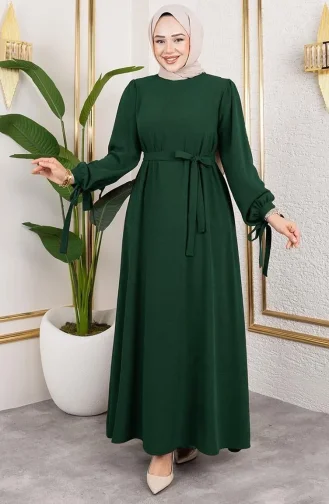 Hijab Kleid Mit Schnürung Und Manschetten 7121-01 Smaragdgrün 7121-01