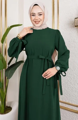 Hijab Kleid Mit Schnürung Und Manschetten 7121-01 Smaragdgrün 7121-01