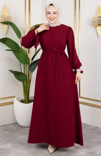 Robe Hijab à Lacets Et Revers 7121-02 Bordeaux 7121-02
