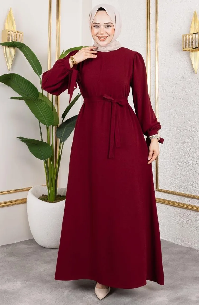 Lace-Up Cuffed Hijab Dress 7121-02 Burgundy 7121-02 | Sefamerve