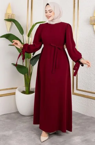 Robe Hijab à Lacets Et Revers 7121-02 Bordeaux 7121-02