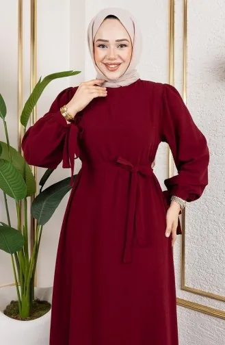Robe Hijab à Lacets Et Revers 7121-02 Bordeaux 7121-02