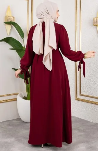 Robe Hijab à Lacets Et Revers 7121-02 Bordeaux 7121-02