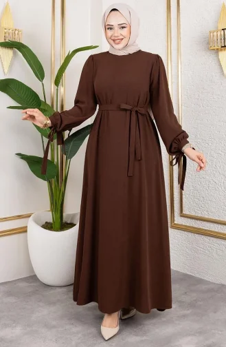 Hijab Kleid Mit Schnürung Und Manschetten 7121-03 Braun 7121-03