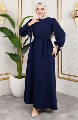 Manşeti Bağcıklı Tesettür Elbise 7121-04 Lacivert