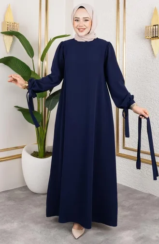 Manşeti Bağcıklı Tesettür Elbise 7121-04 Lacivert