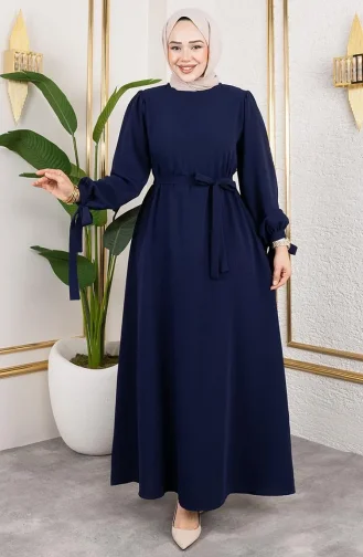 Manşeti Bağcıklı Tesettür Elbise 7121-04 Lacivert