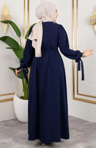 Manşeti Bağcıklı Tesettür Elbise 7121-04 Lacivert