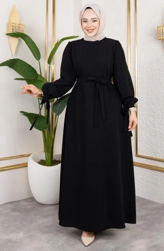 فستان حجاب برباط وأكمام 7121-05 أسود 7121-05