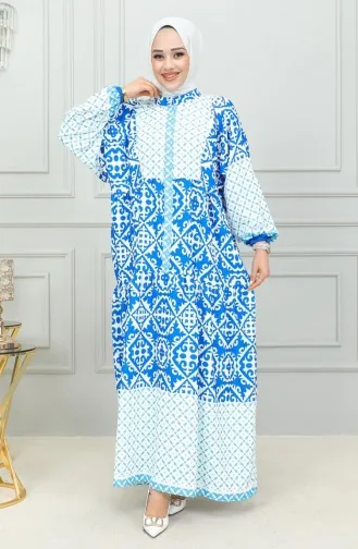 فستان حجاب منقوش عرقي 0302-02 أزرق 0302-02
