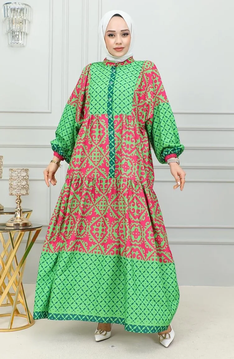 Robe Hijab à Motifs Ethniques 0302-04 Vert 0302-04
