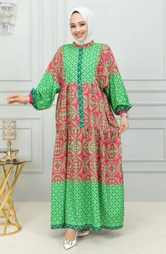 Robe Hijab à Motifs Ethniques 0302-04 Vert 0302-04