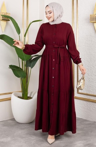 Önden Düğmeli Viskon Elbise 1124-01 Bordo