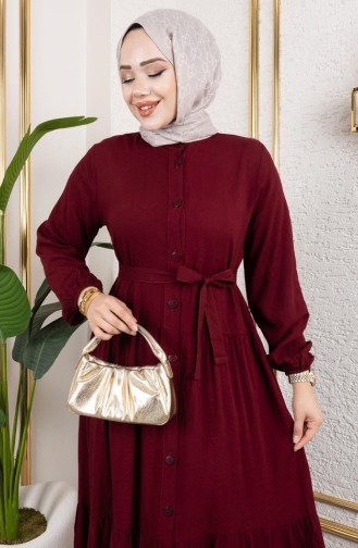 Önden Düğmeli Viskon Elbise 1124-01 Bordo