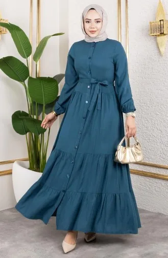 Robe En Viscose Boutonnée Sur Le Devant 1124-04 Pétrole 1124-04