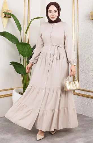 Önden Düğmeli Viskon Elbise 1124-06 Vizon